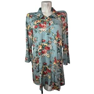 April Cornell Top Blue Floral Button Neck Tunic Shirt Pockets Roll Tab Sleeves L